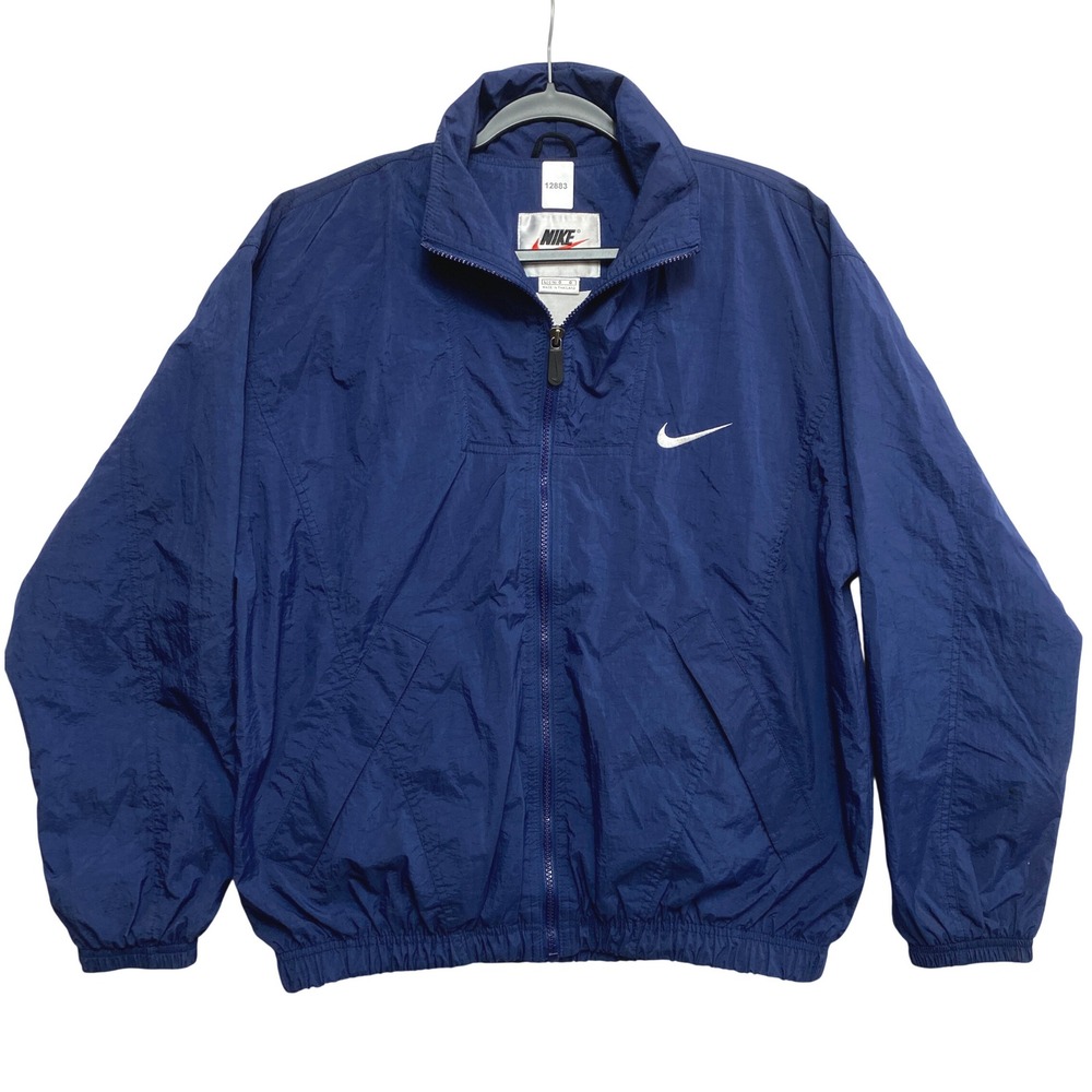 Nike Windbreaker Mens L Navy Blue Full Zip Embroidered Swoosh Track Jacket 90s